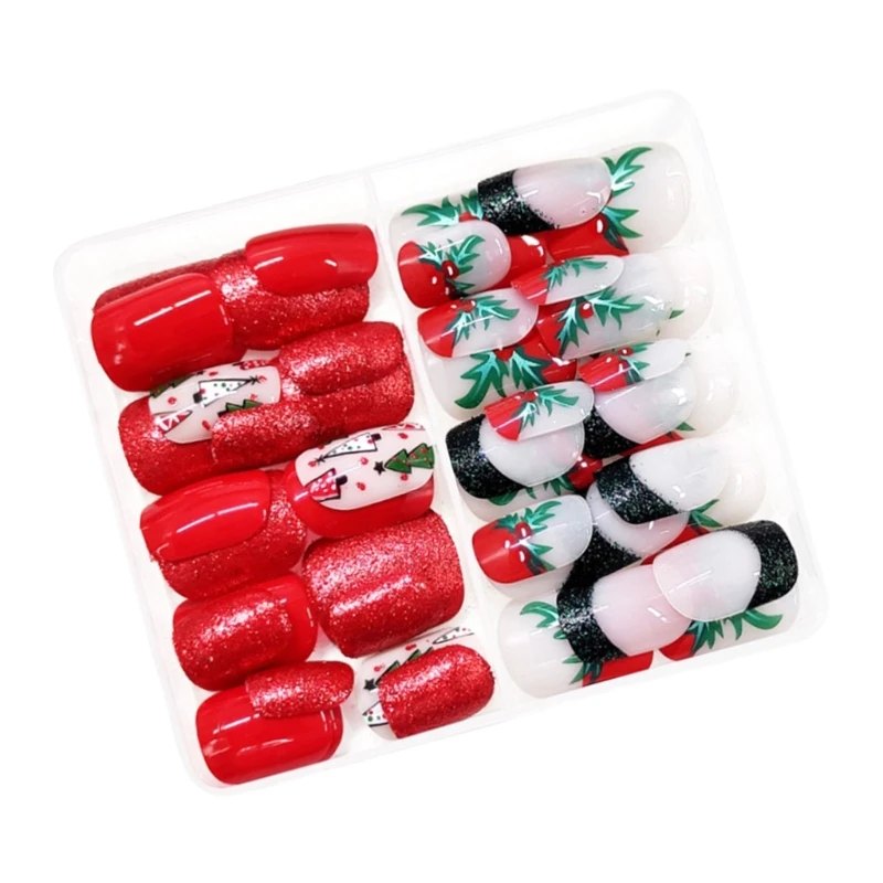 E1YE 48 Pcs Cherries Press On Nails Short Full Cover False Nails with Christmas Tree