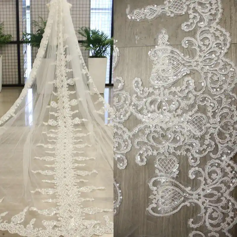 Luxury Wedding Veil Sequins One Layer Long Cathedral Length Veils Applique Edge Velo De Cabeza For Bride Voile Customized