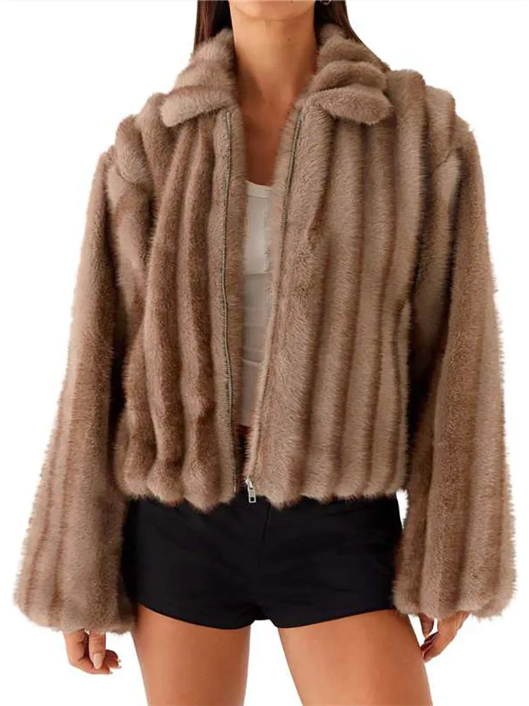 

Street Trendy Style Vertical Zipper Collar Imitation Fur Loose Comfortable Coat Winter New Warm Fur Short Coat