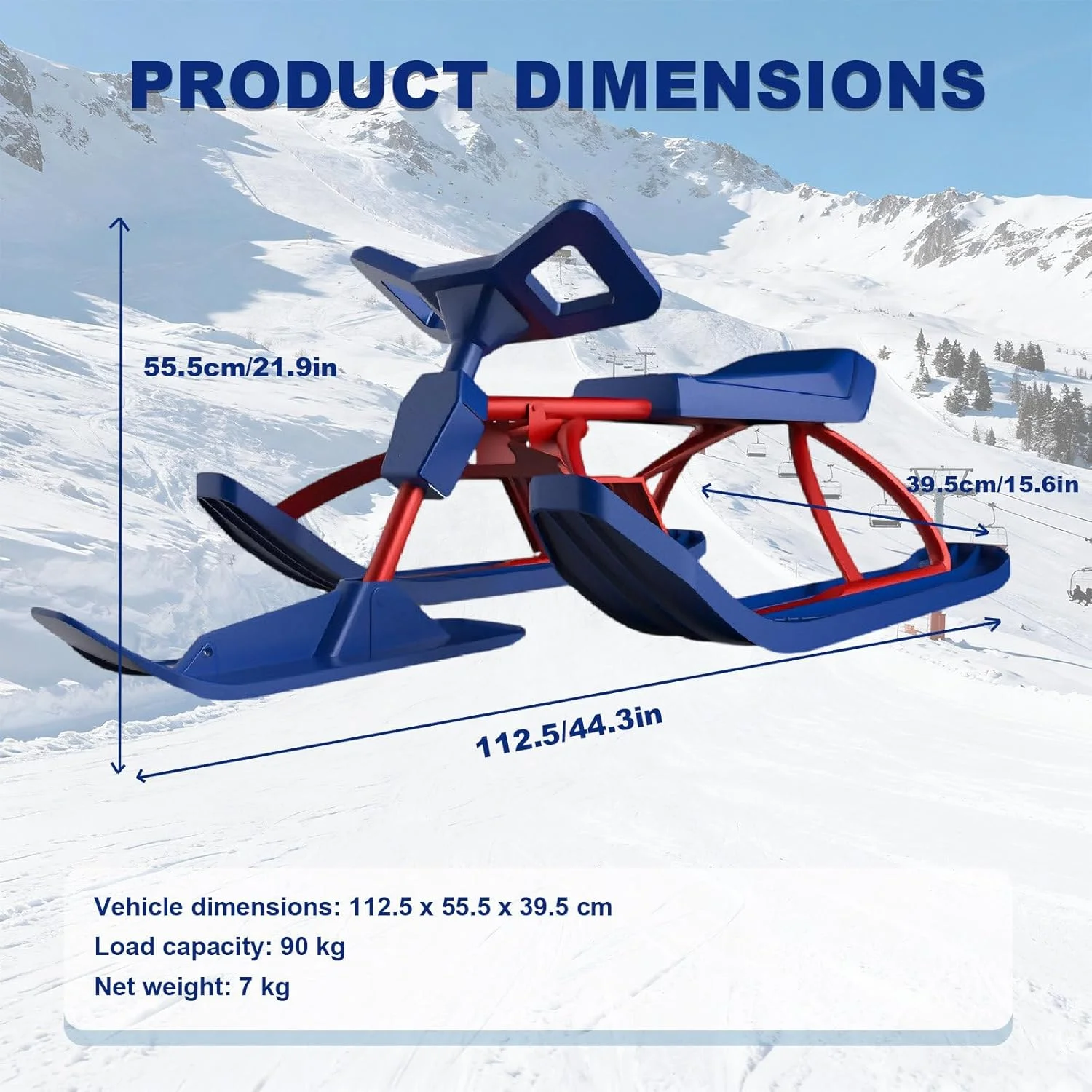 Snow Racer Sled, Ski Slider Board, Dual Brakes, Steering Wheel, Adults Kids, Winter Sports, ABS Frame, Tow Rope, 120kg Capacity