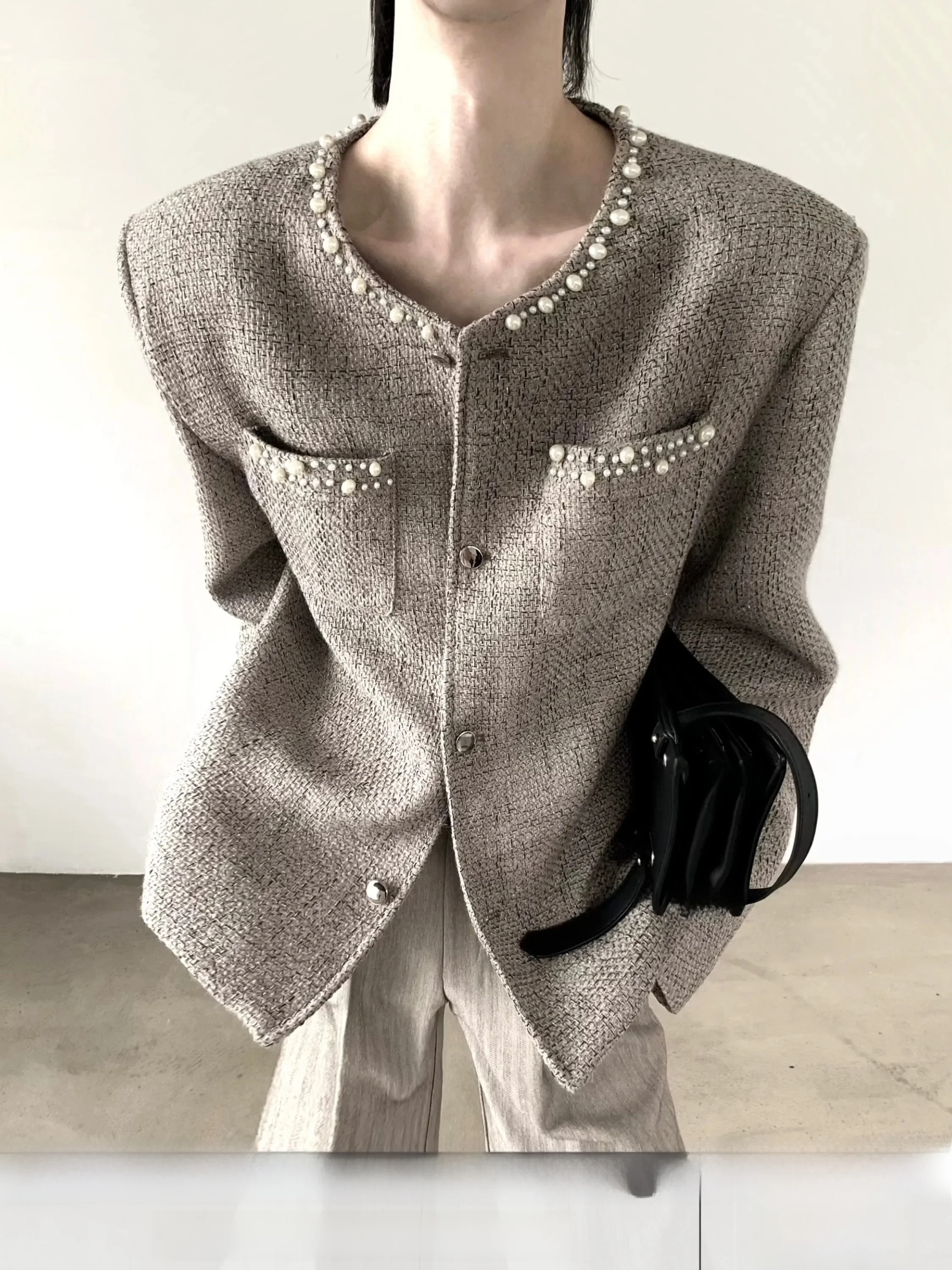  Pearled Shoulder Pad Jacket Men's Vintage Style Outerwear Fragile Elegance Autumn Mountain Wind Casual Polyester