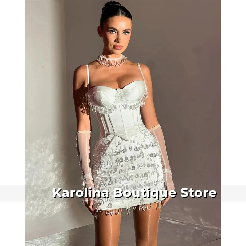 Customized White Spaghetti Strap Crystal Prom Dresses Corset Sleeveless vestidos de noche Sheath Mini Formal Evening 2025