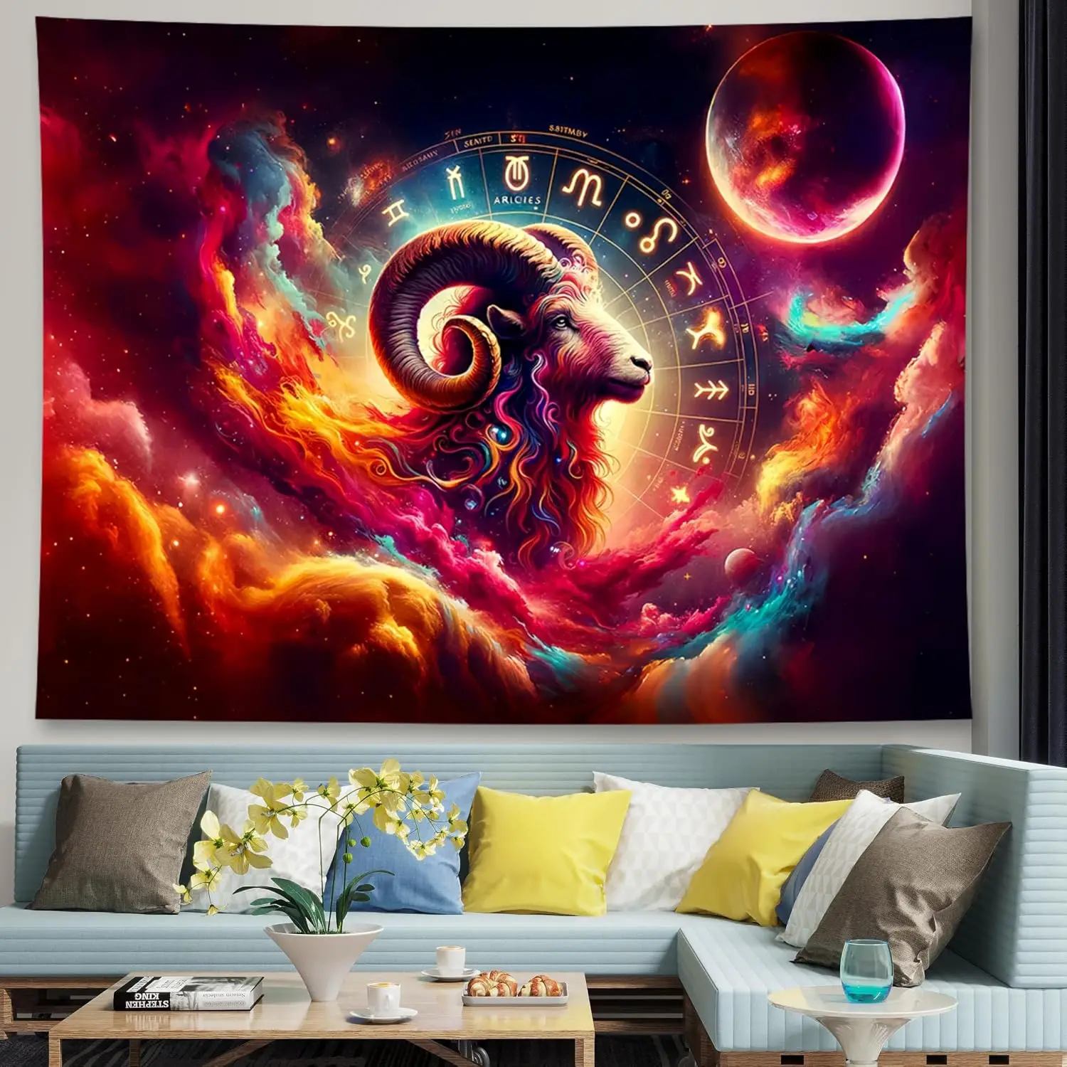 Mystic Zodiac Astrology Constellation Tapestry Cosmic Galaxy Wall Hanging Boho Decor Art Print for Bedroom Living Room 150x300cm