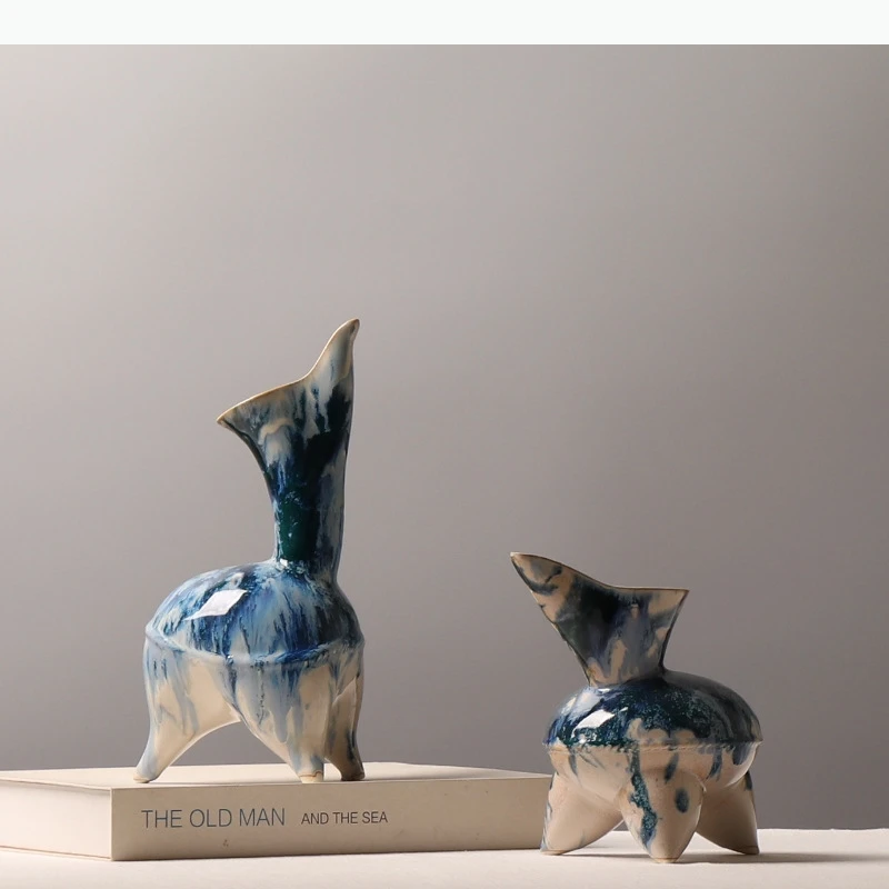 Blue Painted Three Legged Artwork Abstract Ornaments Desk Decoration Modern Crafts Ceramic Sculpture Room Aesthetics Decor