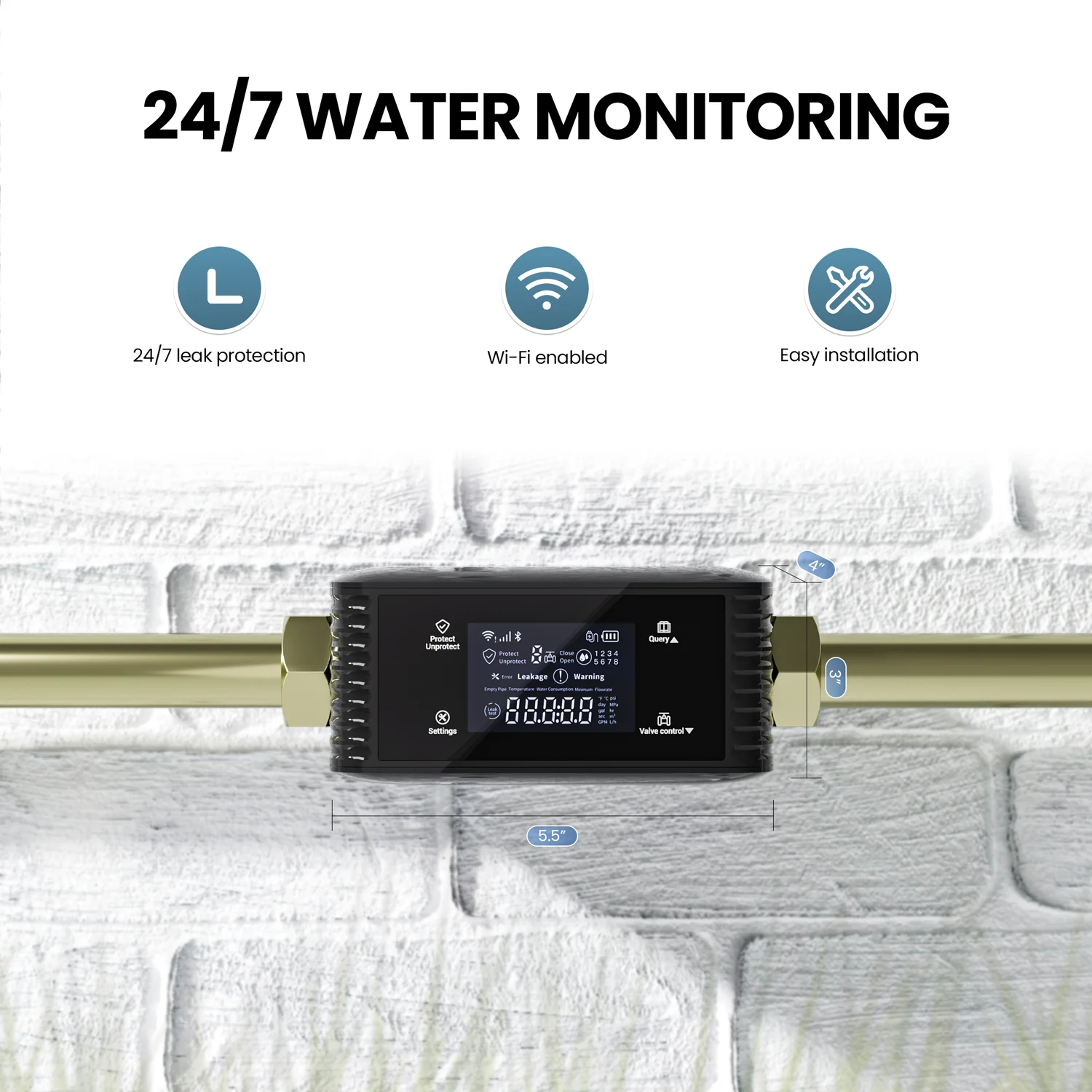 WiFi Smart Water Leak Detector Controller, Auto Water Shut Off Valve with Water Leak Sensor for Basement