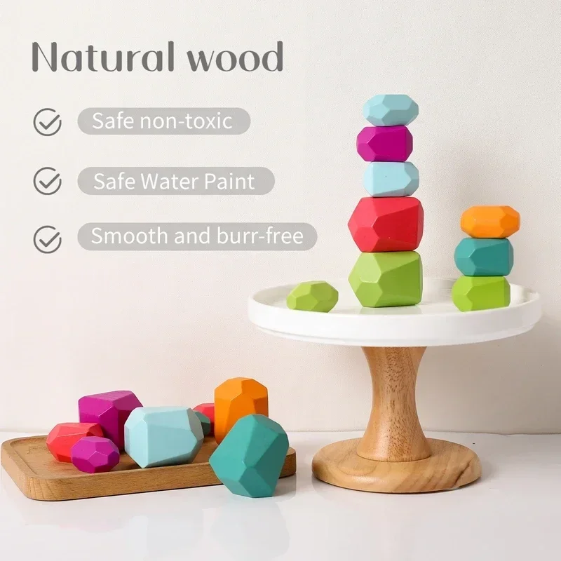 Holz Regenbogen Steine Block Bunte Holz Baustein Regenbogen Stacker Balancing Stein Montessori Pädagogisches Spielzeug Kinder