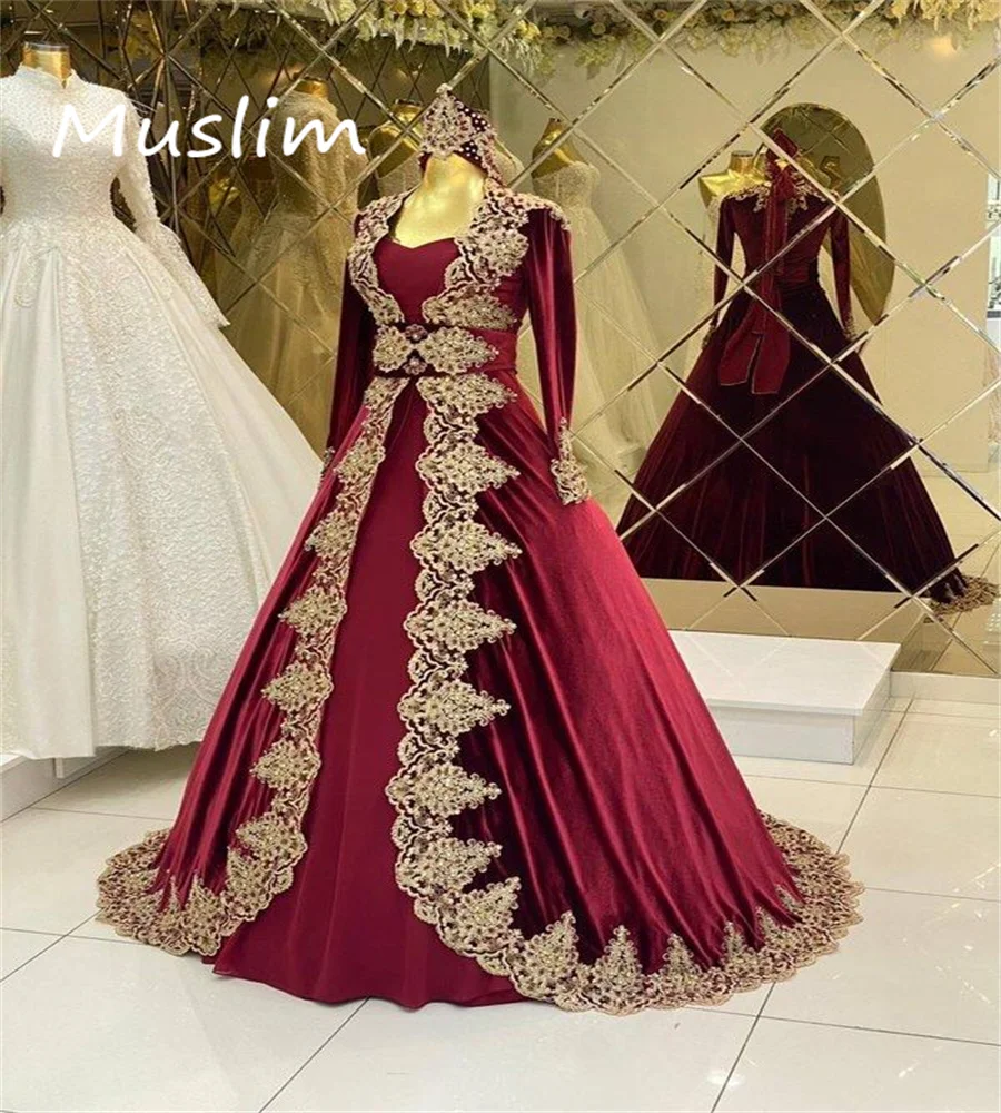 Dubai Abaya Wine Evening Dress Elegant Long Sleeve Moroccan Kaftan Prom Gold Appliques Velvet Party Vestido De Novia Customized