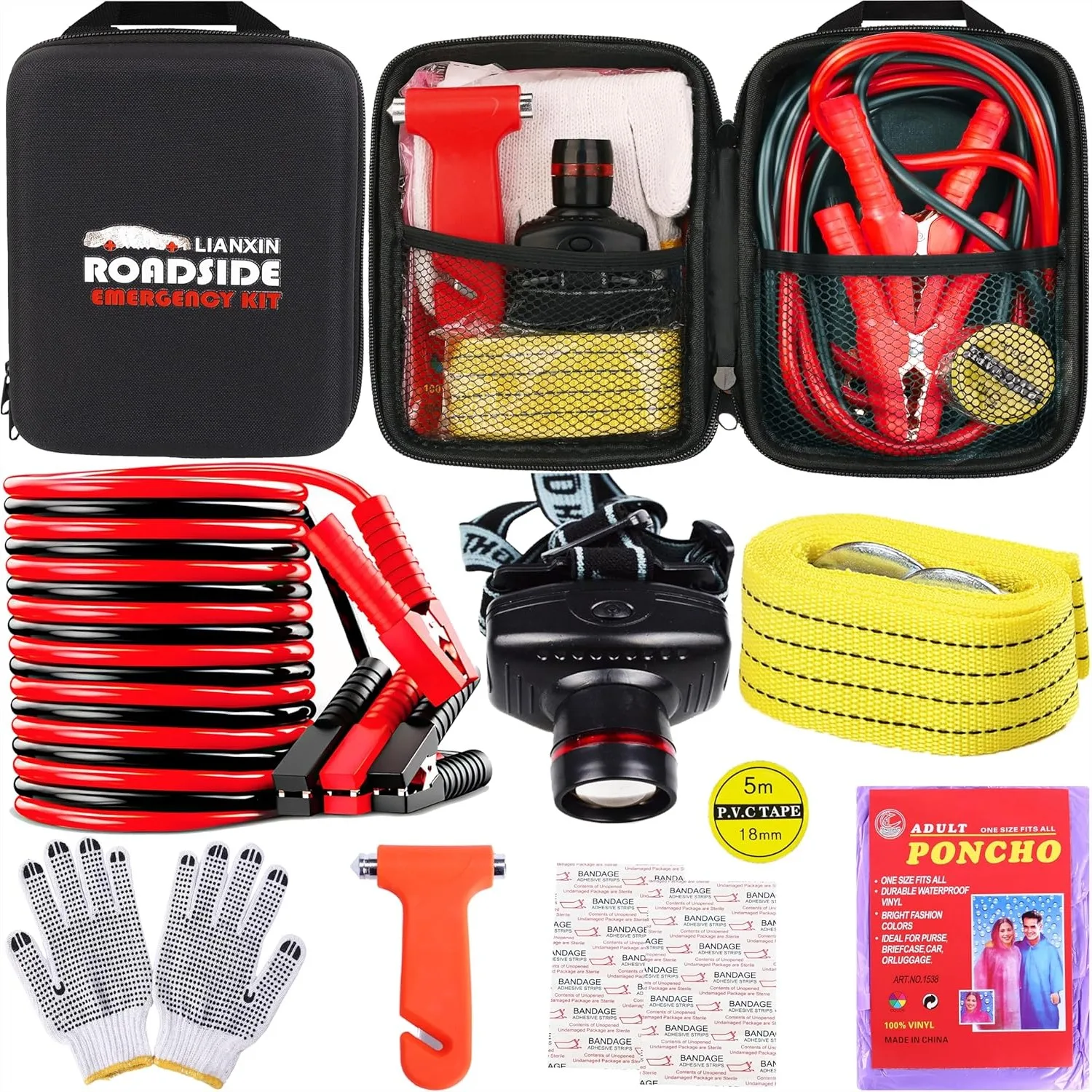 

Car Roadside Emergency Kit with Jumper Cables, Headlamp, Tow Straps, Safety Hammers, Gloves for Auto Safety