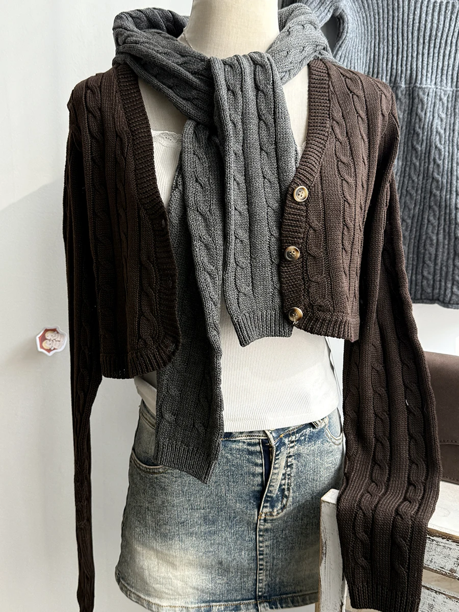 

Brown Cropped Knitwear Women Cotton Twisted Flower V-neck Long Sleeve Slim Crop Tops Sweater Vintage Chic Sweater Cardigan Y2K