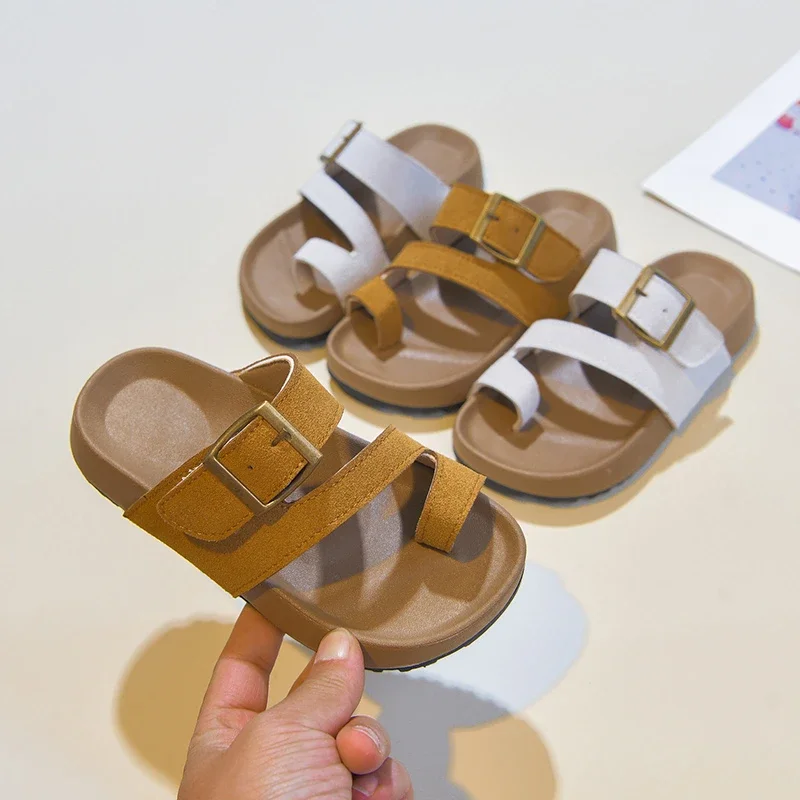 

Kids Unisex Adjustable Buckle Slide Sandals N-shape Strap Suede Upper Non-slip Flat Sole for Summer Daily Outdoor Casual Wear