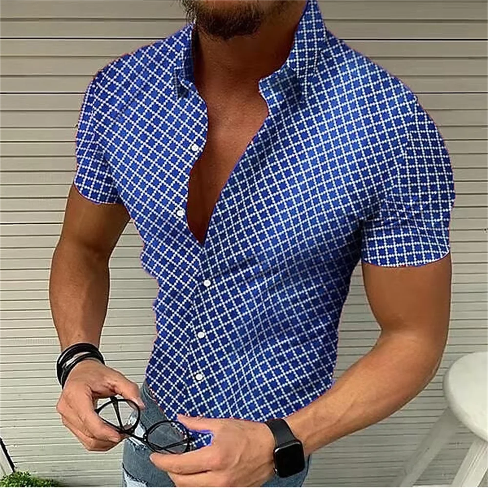 Summer new men\'s plaid short-sleeved shirt casual large size lapel men\'s shirt comfortable breathable men\'s clothing