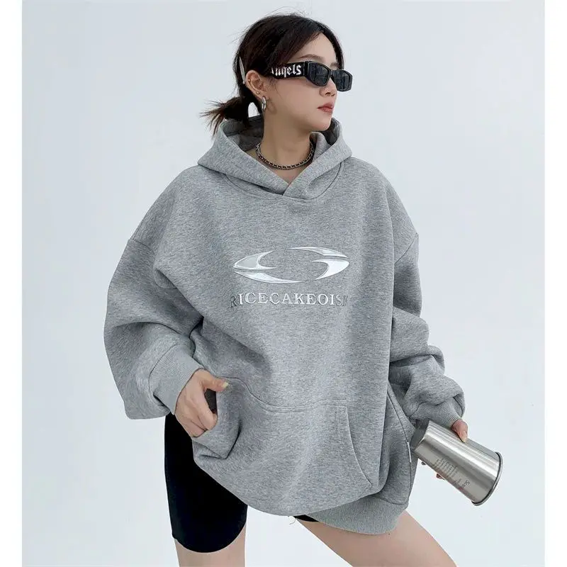 100% Cotton Hoodie Women Fashion Vintage Hoodie Silver Fox Down Hooded Pullover Coat Casual Loose Couple Top Autumn Winter Trend