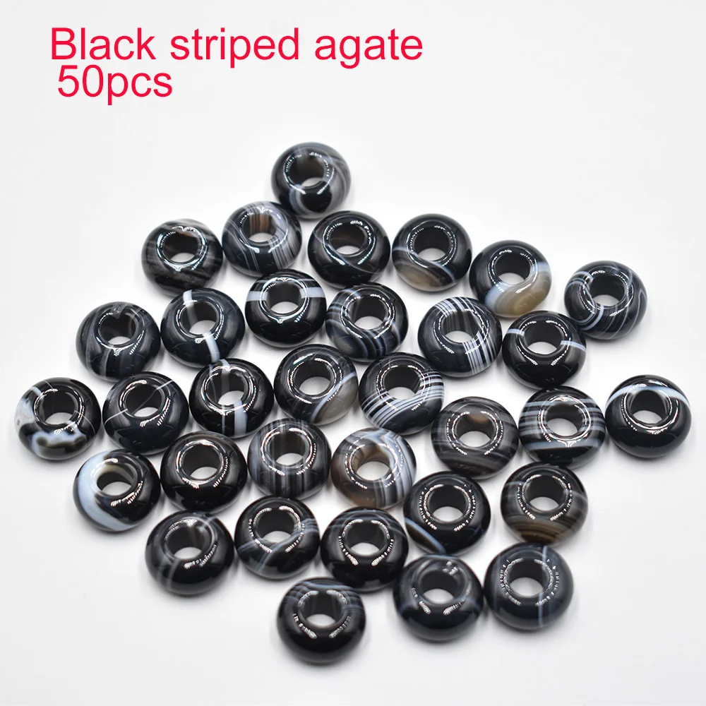 Wholesale 50pcs/lot 8x14mm Fashion Natural Stone Black striped agate Round Shape Big Hole Charms Beads For Bracelet Making Free