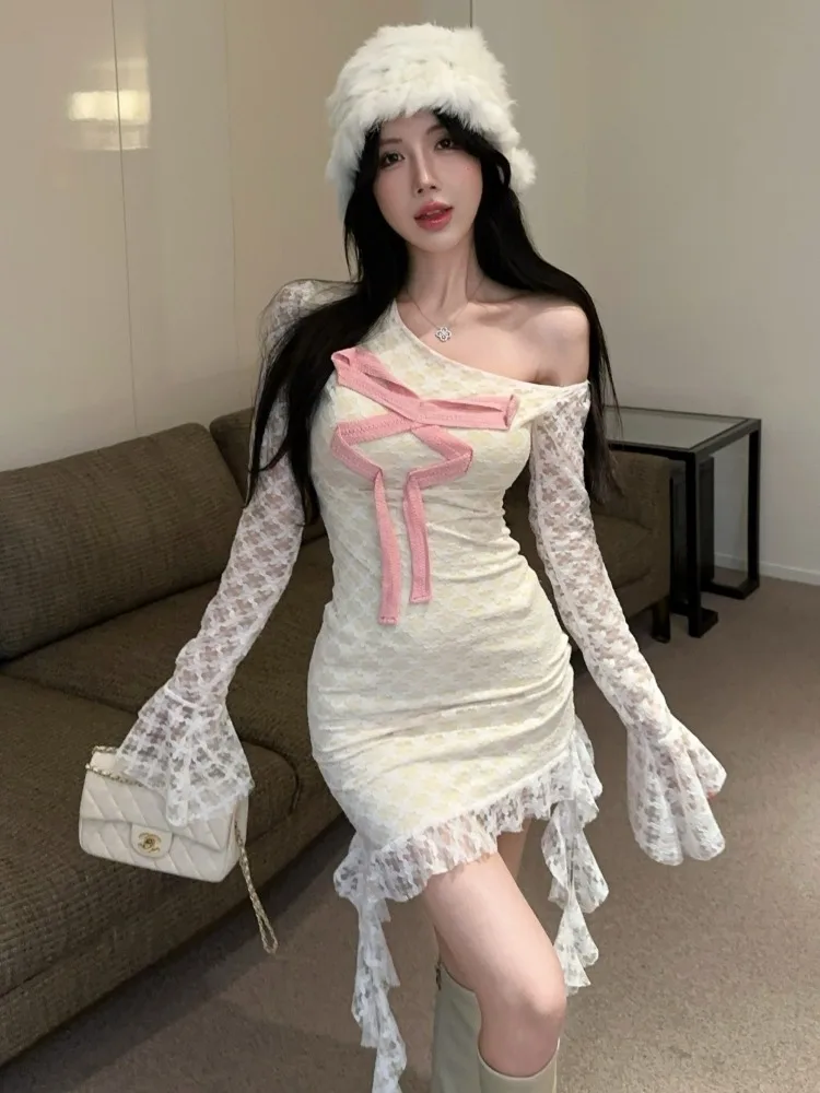 

Knot Color Block Long Sleeve Lace Dress Women's Slimming Sweet Design Thin Shoulder Dress Korean Style Commute