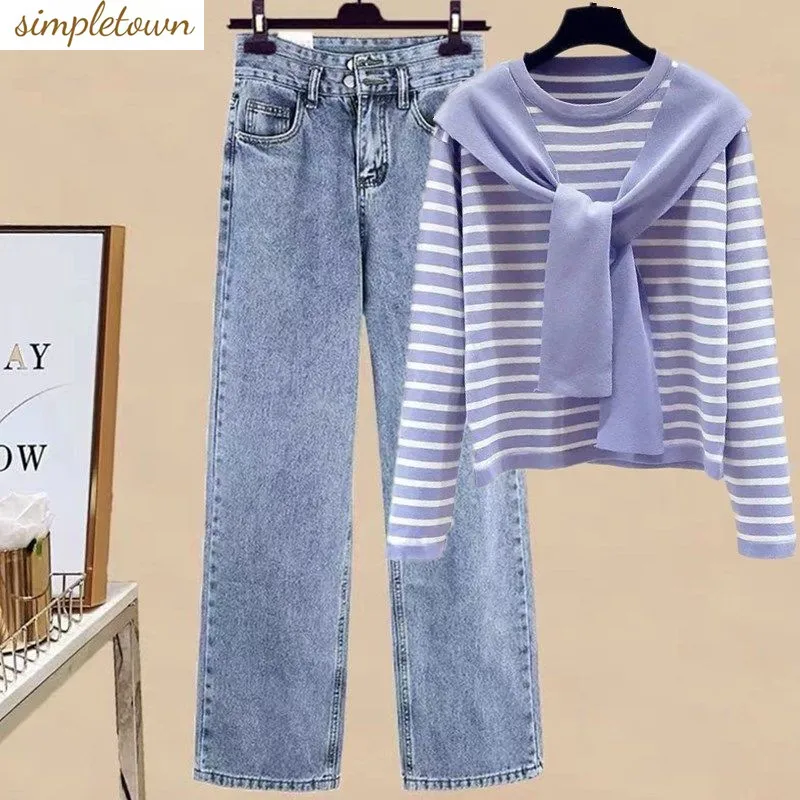 

Set 2023 New Spring and Autumn Academy Style Knitwear Women+High Waist Reduced Age Jeans Women's Two Piece Set