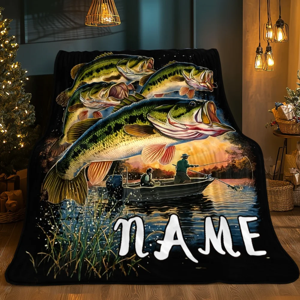 Custom name retro fish flannel blanket, suitable for sofa, bed, birthdays, friends, and fishing enthusiasts, as a gift
