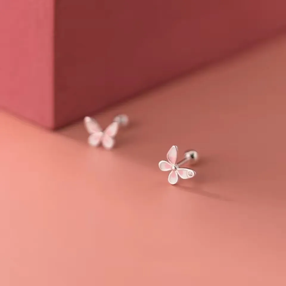 Exquisite Lovely pink Small Butterfly Screw Earrings for Women Girls Hypoallergenic Silver Color Comfort Wear Charm Jewelry Gift