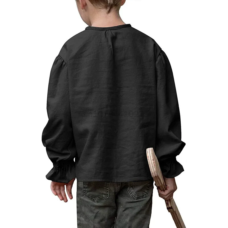 Kind Renaissance Kostuum Gegolfde Lange Mouw Veters Middeleeuwse Steampunk Piratenshirt Cosplay Prins Drama Tops Voor Kinderen