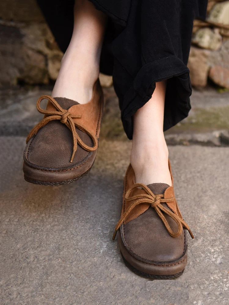 Artmu 2024 New Women Bow Shoes Lace Up Mixed Colors Flats Handmade Luxury Female Shoes Genuine Leather Ladies Closed Toe Sandals