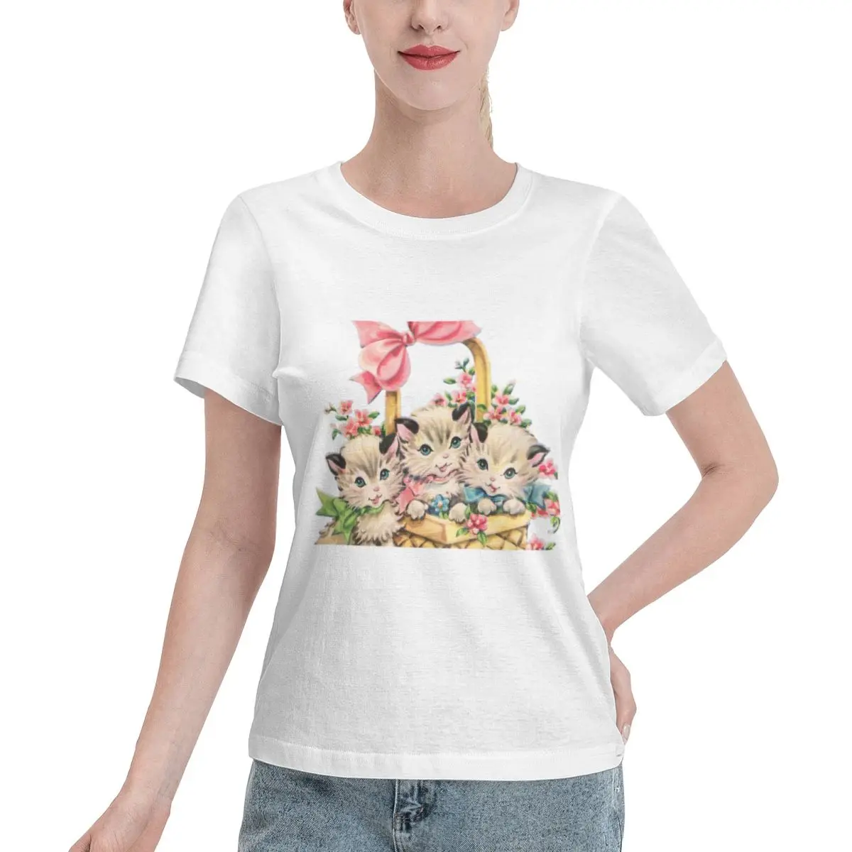Camiseta de mujer con excelente artesanía y encantadores retratos de cuarteto de gatitos, top estético de verano para mujer