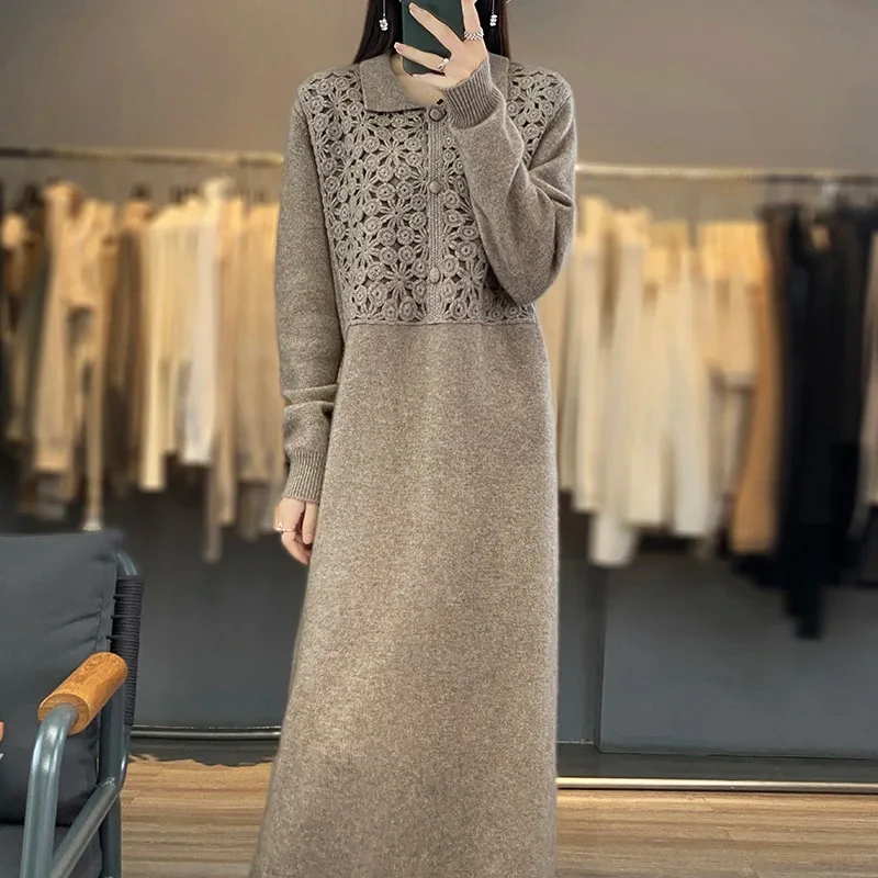 Longer Dresses for Women, 100% Cashmere and Wool Knit Jumpers, Shirt Style Pullovers, New Fashion, Winter, NJ01, 2024