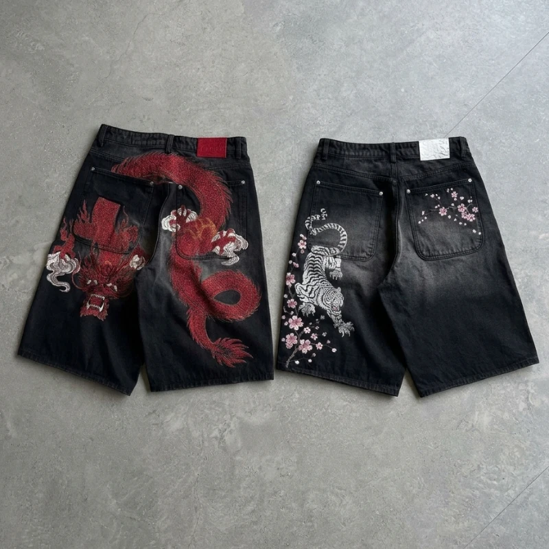 Y2K Men Black Denim Shorts Dragon Tiger Embroidery Floral Sakura Loose Fit Vintage Retro Streetwear Casual Summer Trousers