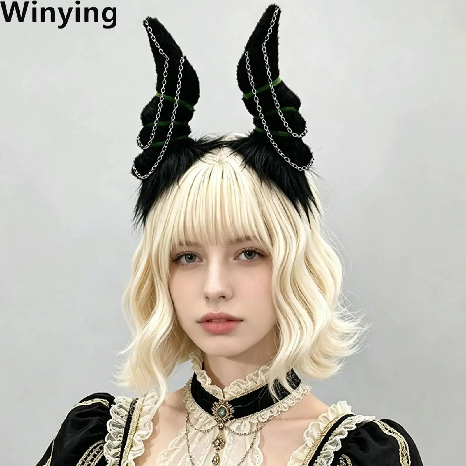 Chain-Decorated Demon Horns Furry Headband Headwear Costume Accessaries for Halloween Cosplay Party Masquerade