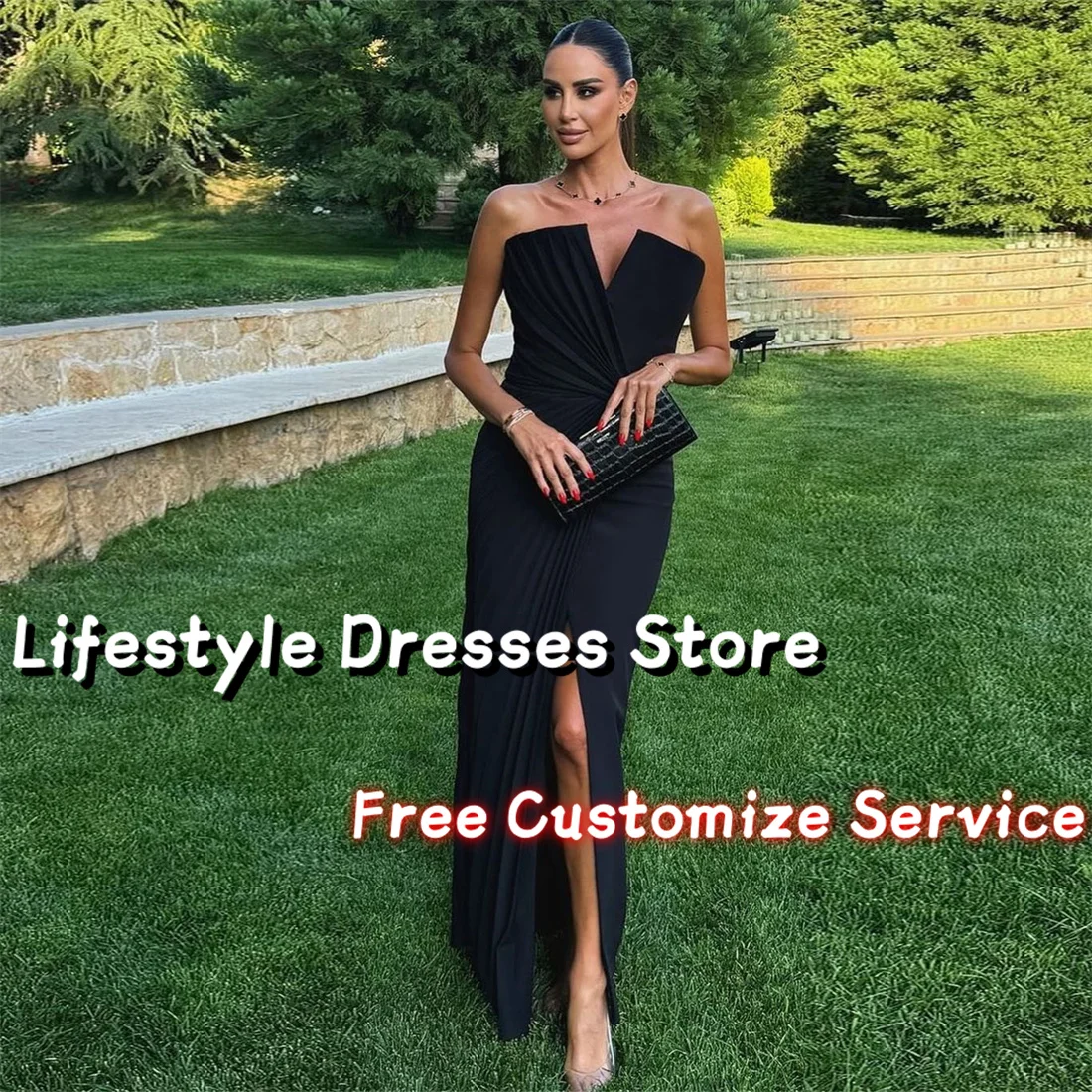 

Classic Black Sleeveless Evening Dresses Pleated Front Slit Strapless Crepe Prom Dresses Wedding Formal Party Gown