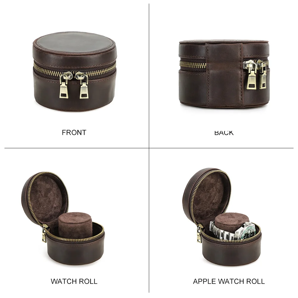 Retro Genuine Leather Zipper Mini Single Watch Case Storage Soft Cushioned Protective Container for Organizer Box for Men Gift