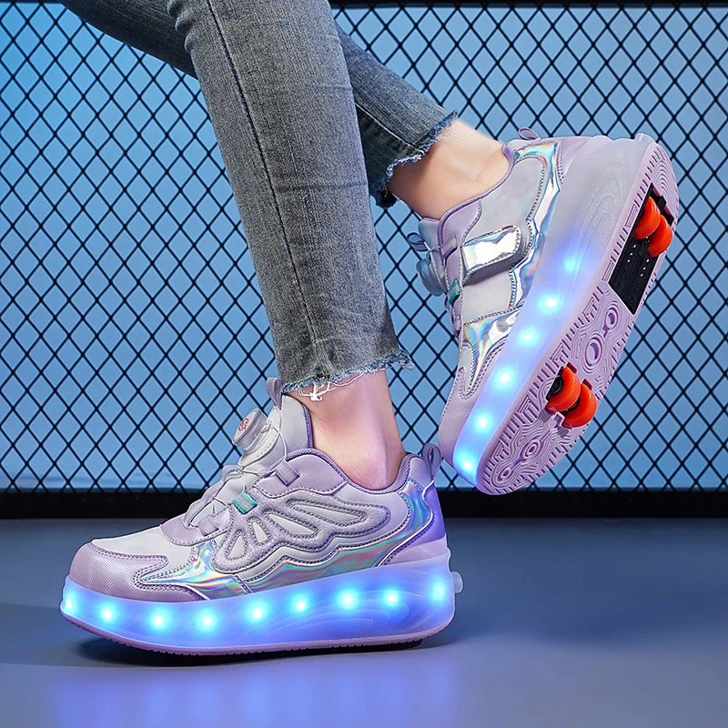 

New Girls' Wheel Shoes 2025 Spring & Autumn: Rotating Buckle Light-Up Sneakers, Older Kids' Roller Skates