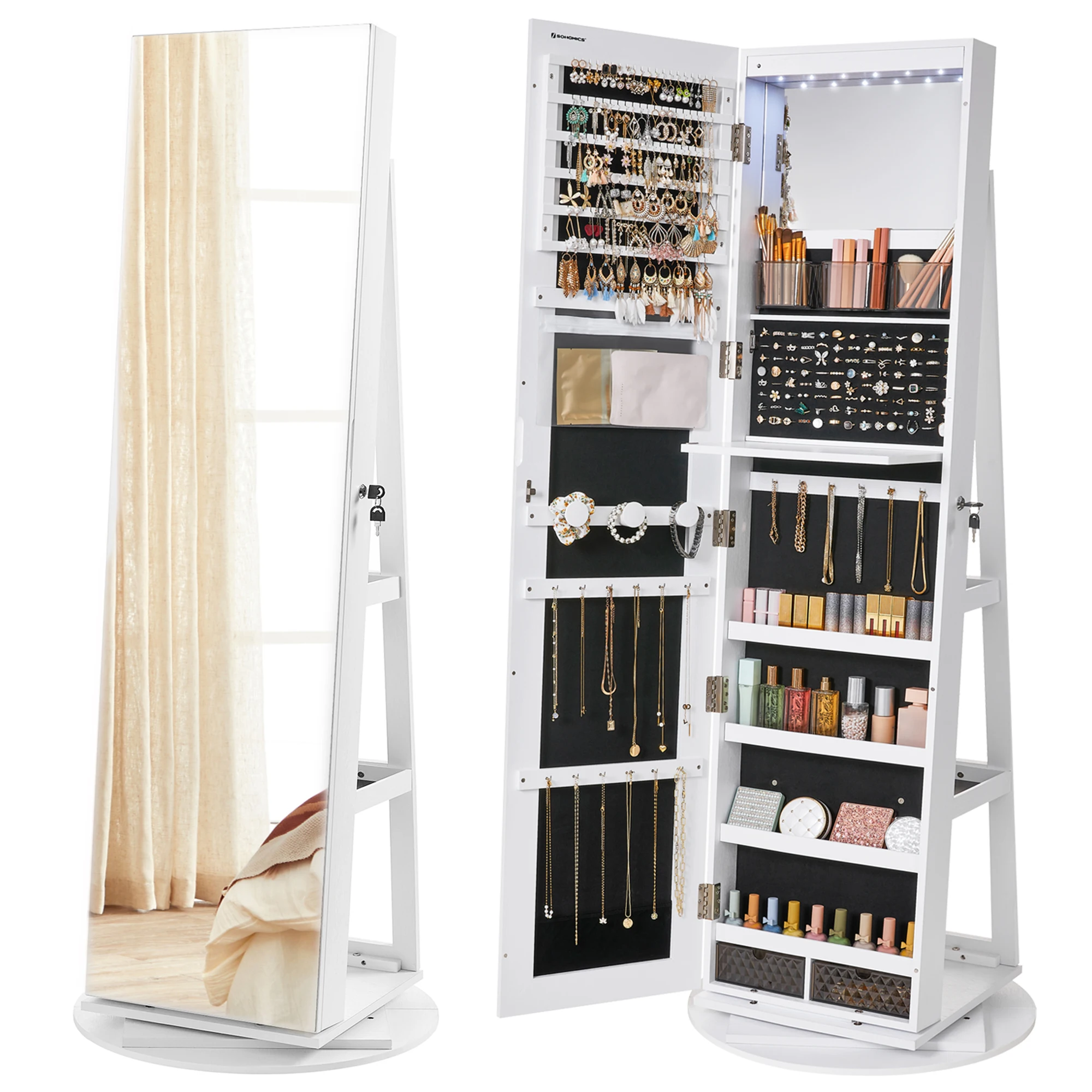 SONGMICS 6 LEDs Lockable Mirror Jewelry Cabinet,360° Swivel Jewelry Organizer,Standing Jewelry Armoire