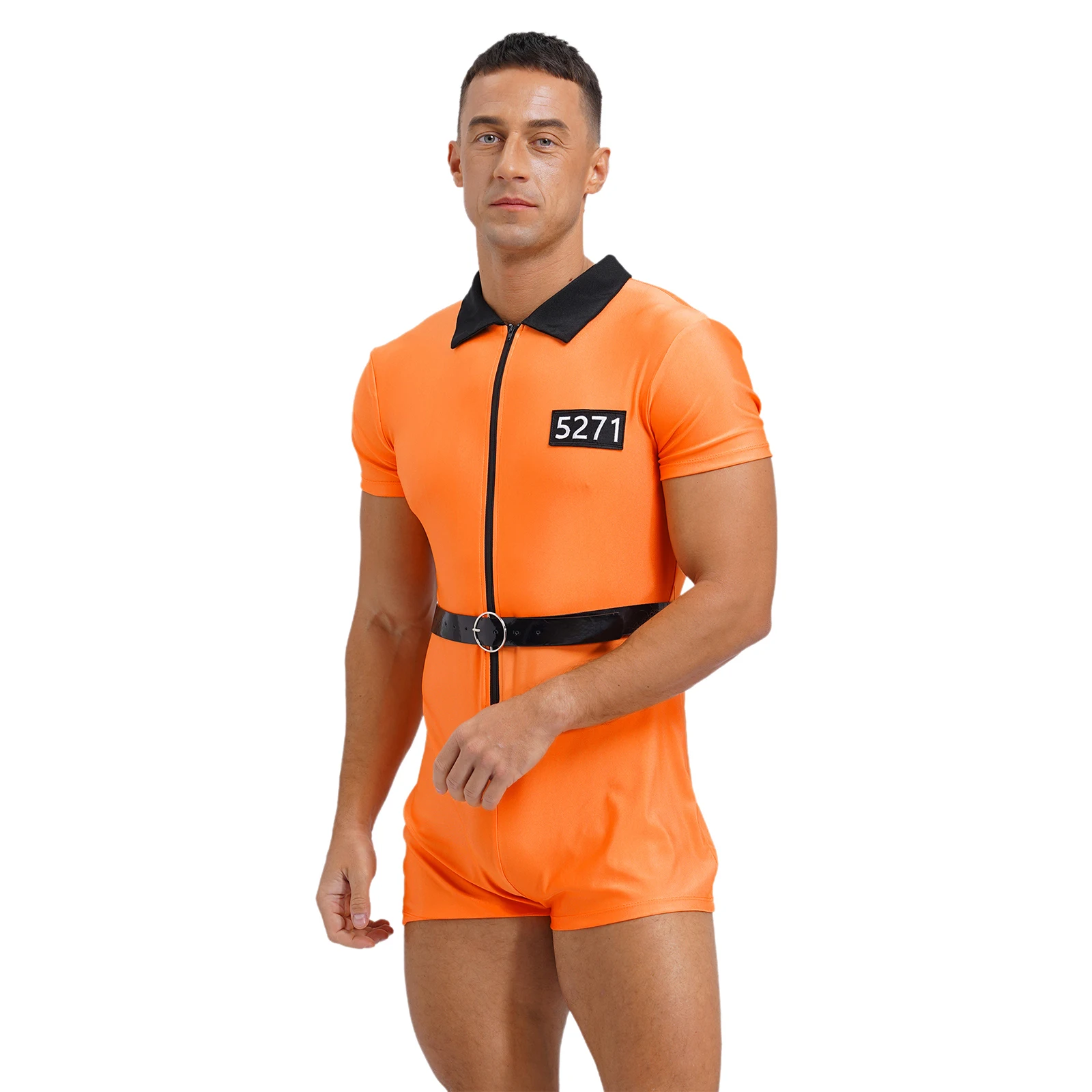 Herren Erwachsene Gefangene Rollenspiel Kostüm Uniform Phantasie Ball Halloween Party Outfit Reiß verschluss Kurzarm Jumps uit Bodysuit mit Gürtel