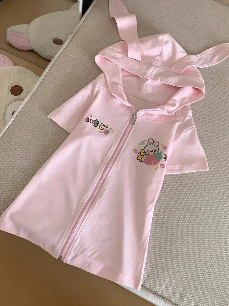 Cute Cartoon Sweet T Shirt Women Slim Fashion Rabbit Ears Kawaii Tees Japan Preppy Style Summer Short Sleeve Pink Hooded Tops