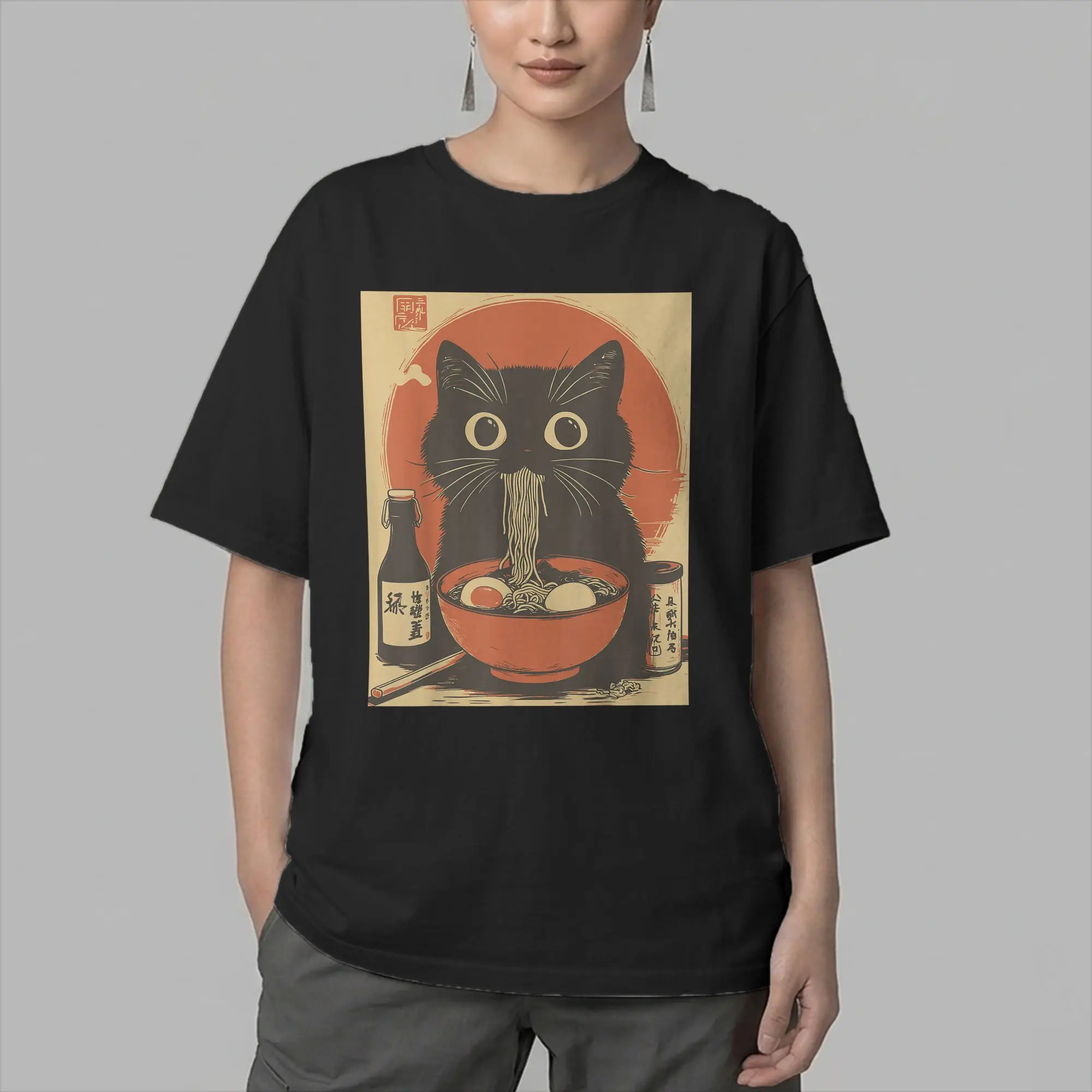 Japanese Black Cat Ramen Men's T Shirt Novelty Tee Shirt Short Sleeve Crew Neck T-Shirts Pure Cotton Gift Idea Clothes