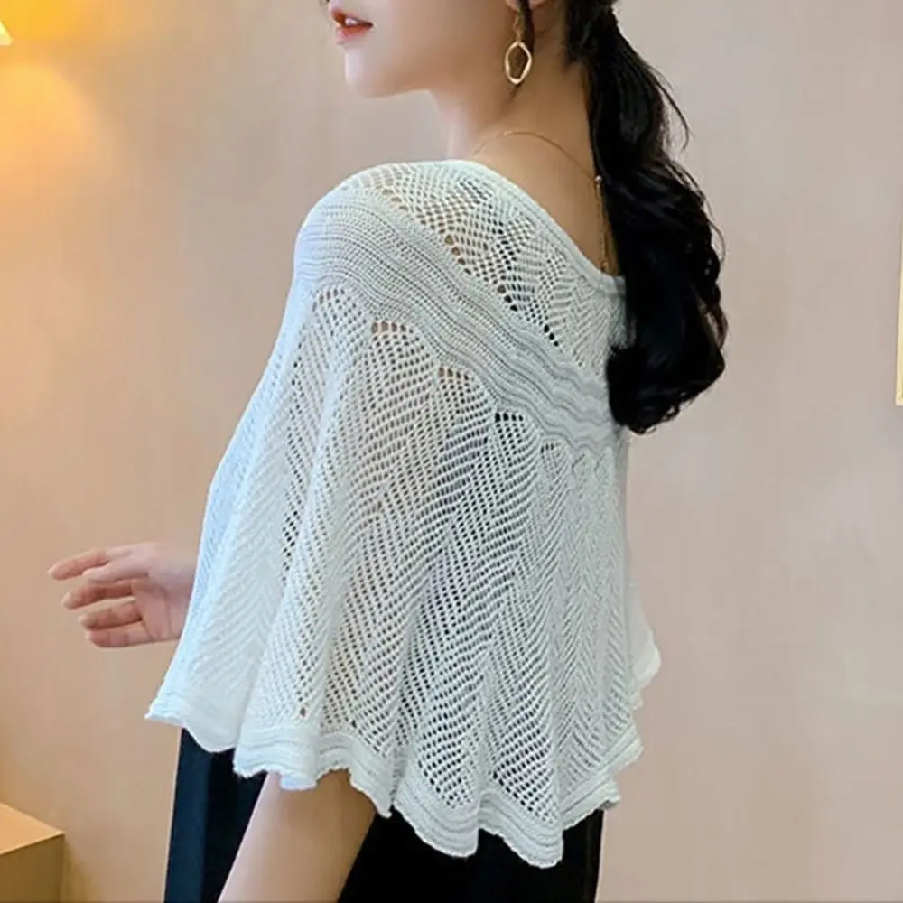 Versatile Pure Color Knitted Shawl Solid Color Hollow Design Cheongsam Outerwear Outerwear Spring Autumn