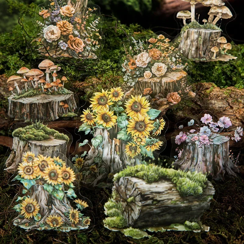 10Pcs Stumps Corner Series stickers per pack PET Handbook Stump Mushroom Decoration Bottom Plant Stickers Scrapbook 142*93mm