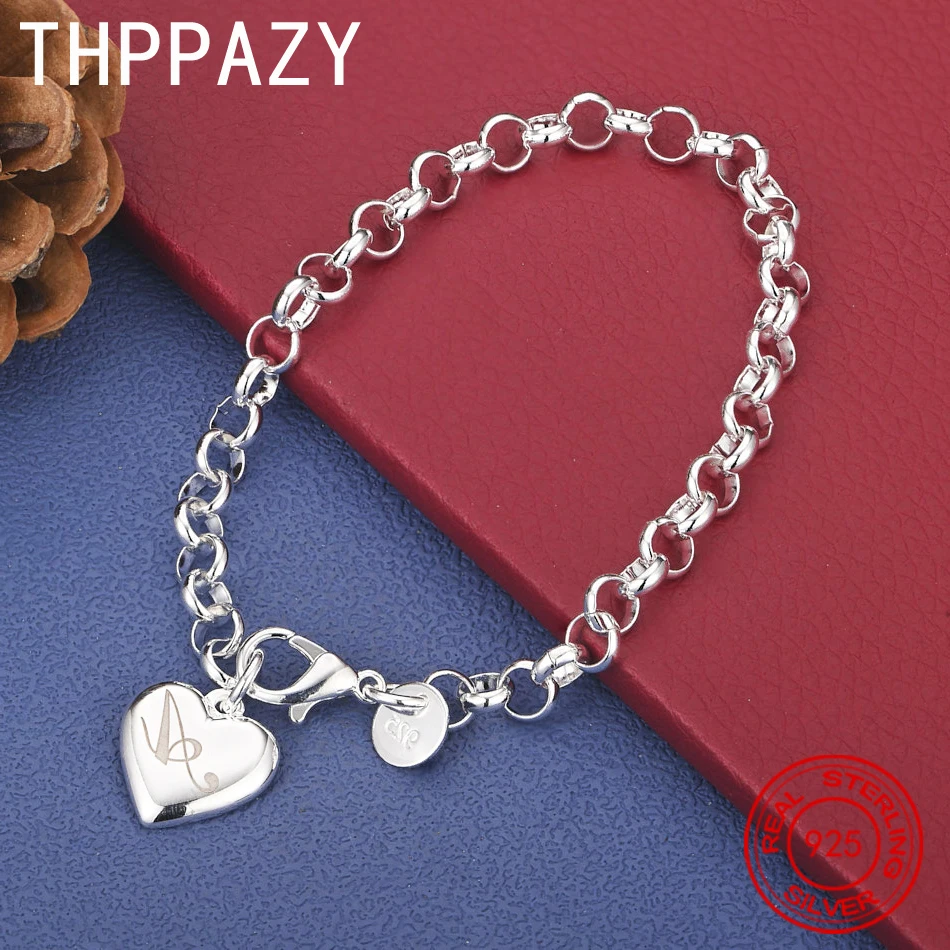 

THPPAZY 925 Sterling Silver Heart Engraved Letter Bracelet 20cm Chain Lady Fashion Charm Jewelry Birthday Anniversary Party Gift