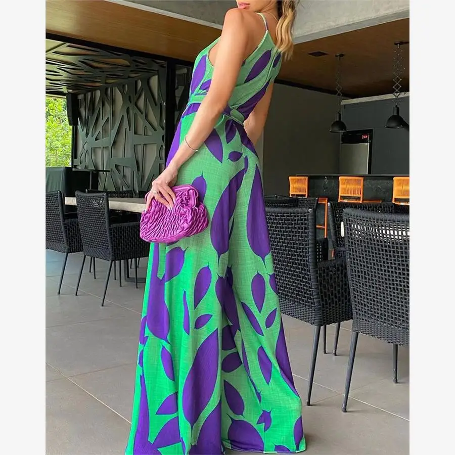 Impressão envoltório casual macacão verão rer cintura alta calças de perna larga cintura alta calças compridas tecido poliéster commute sle