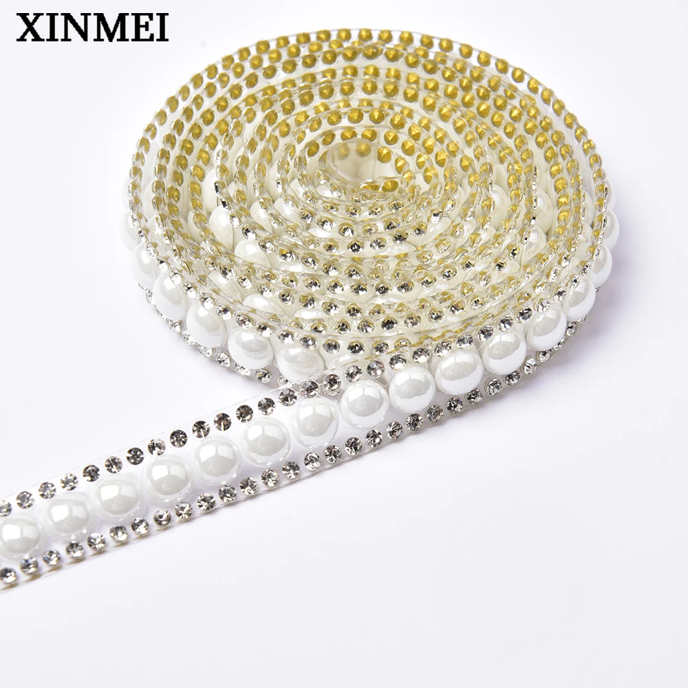 White Glass Crystal Pearl Hot Fix Trim Ribbon Self Adhesive Rhinestone Applique Strass Strip Diy Clothes Cars Decor Accessories