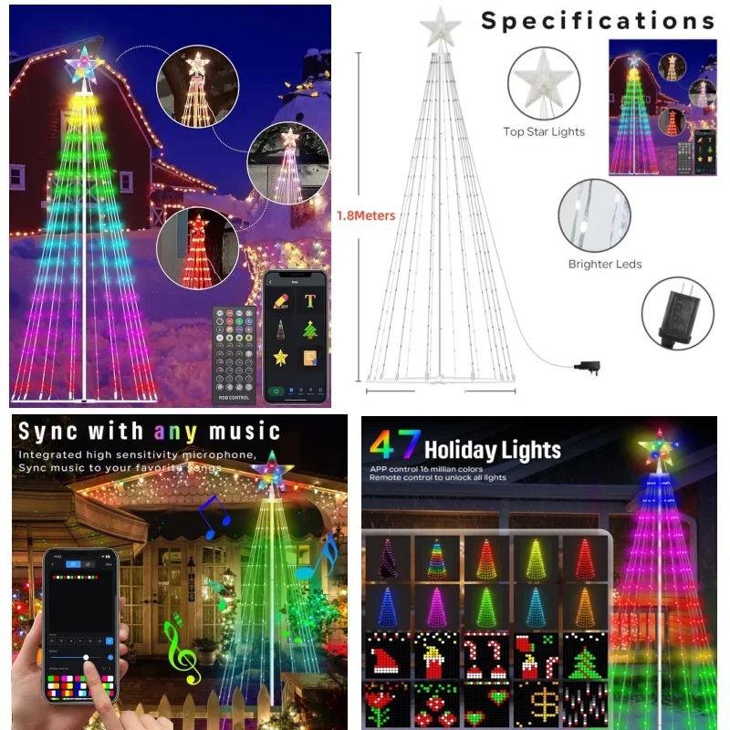 1.8m LED Smart App Remote DIY Programmable RGB IC Cone Christmas Tree Outdoor Xmas Tree Decor Music Sync Patterns DIY Tree Light