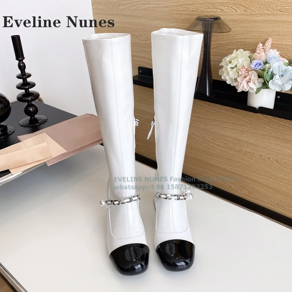 Pearl Chain Bicolor Block Heel Modern Boots Square Toe Height Increasing Side Zipper Sweet Elegant Women Knee High Boot Newest