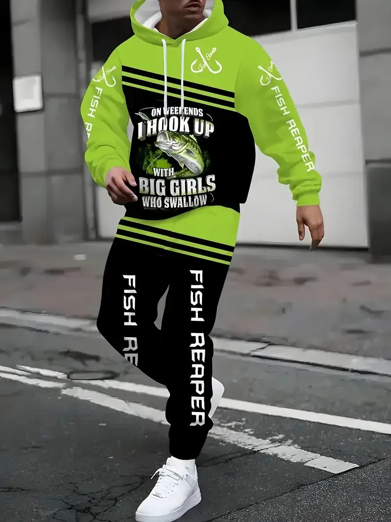 

Мужская толстовка с капюшоном, комплекты из 2 предметов, пуловер с 3D принтом рыбы, брюки, костюм в стиле Харадзюку, камуфляж, одежда для рыбалки, охоты, кемпинга, уличная мода, комплект для бега