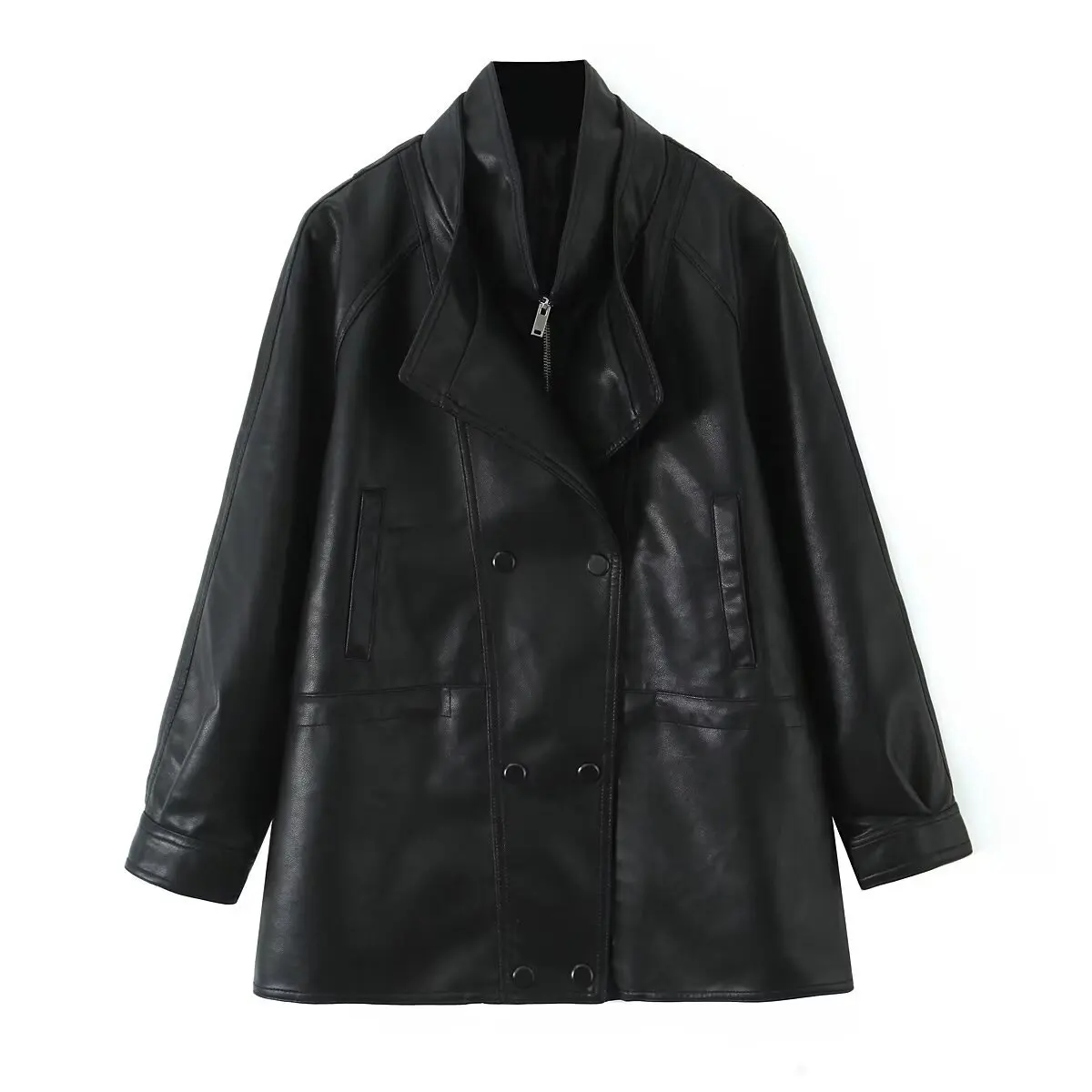 Women PU Leather Jacket Spring Autumn New Wide Version Versatile Double Breasted Button Zipper Turn-down Collar Motorcycle Coat