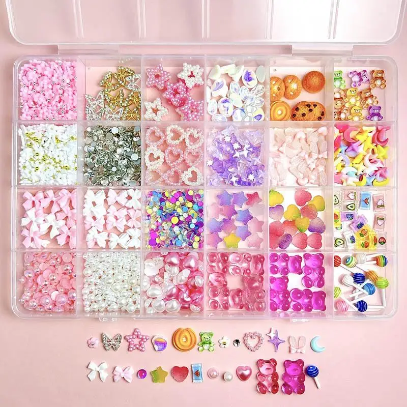 1Box Multiple Style Bow Flower Resin Nail Charms Simulated Cookies Candy Cute Bears Nail Art Decorations Handmade DIY Manicure