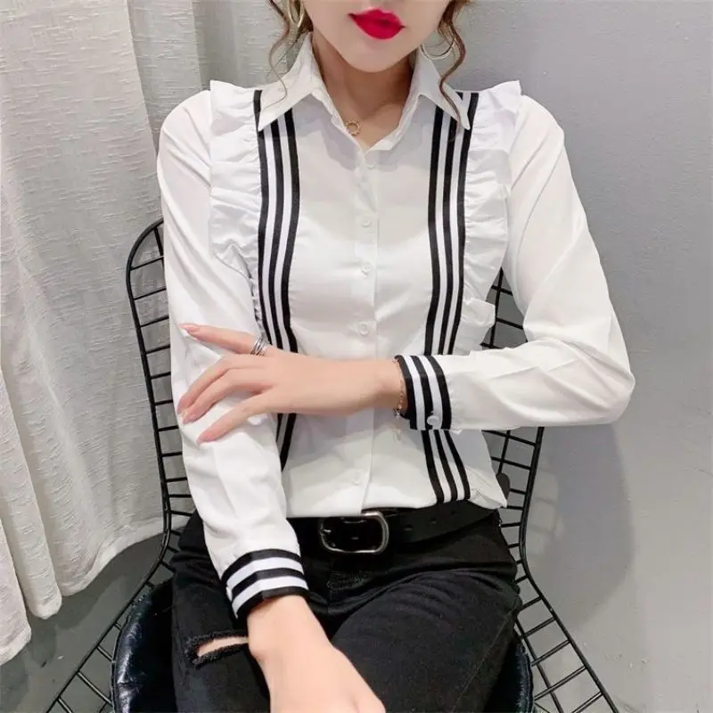 Fashion Lapel Button Spliced Loose Ruffles Striped Shirt Women\'s Clothing 2022 Autumn New Casual Tops All-match Commute Blouse