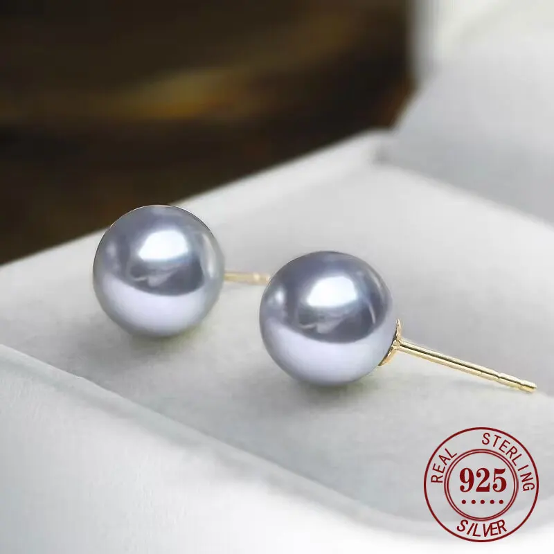 Senlissi- 18K Gold Needle Natural Freshwater White and Gray Pearl  4-12mm 925 Sterling Silver Stud Earrings for Women  Jewelry