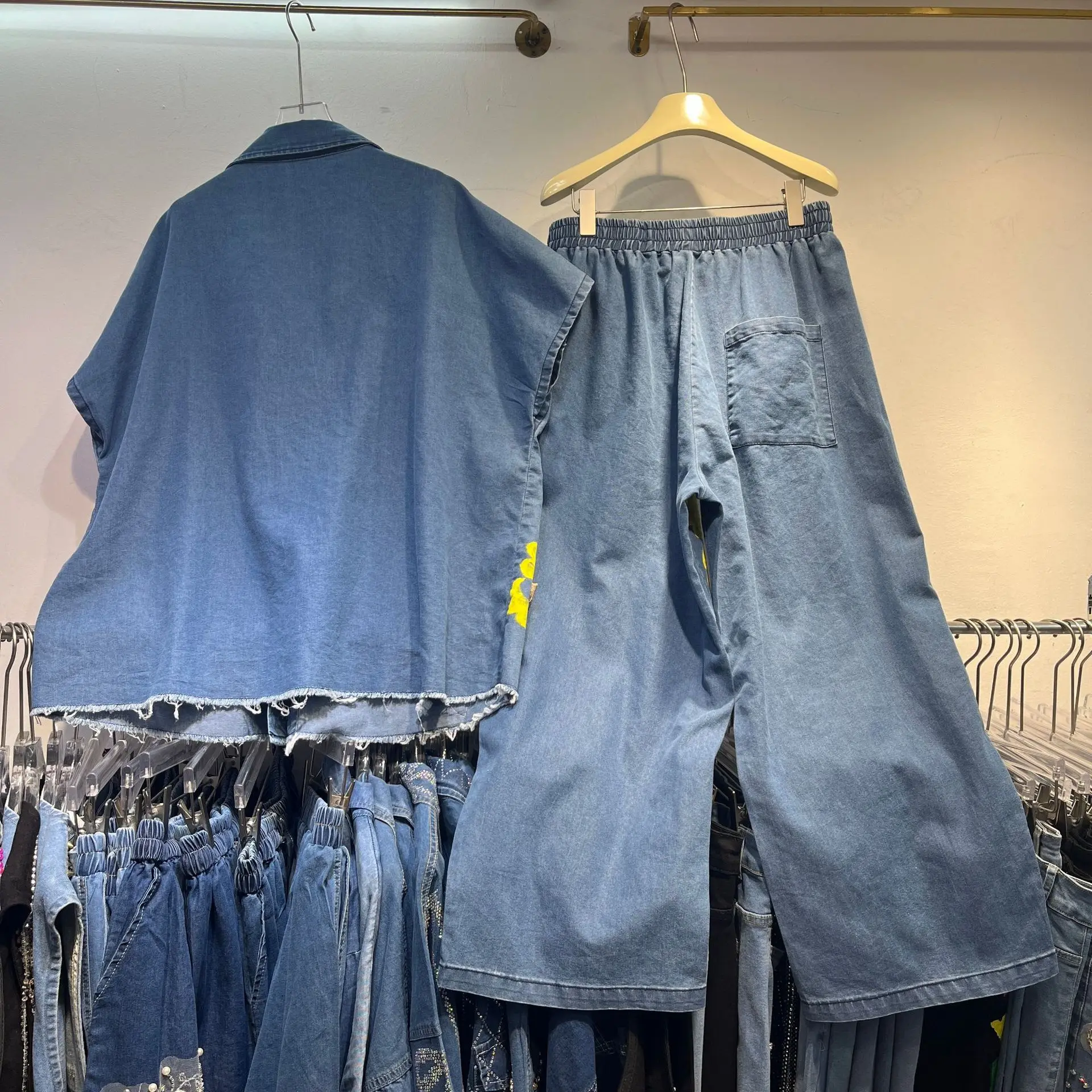 

Streetwear Spring Summer Women Denim Sets Embroidery Beads Flowers Short Sleeve Cardigans Coat + Wide Leg Casual Mid-calf Jeans