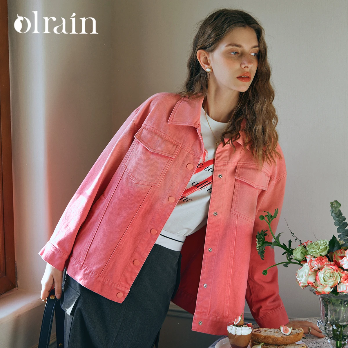 OLrain Women's Denim Jacket Gradient Pink Cropped Loose Fit Casual Spring 2025 New Soft Coat O24CW89955