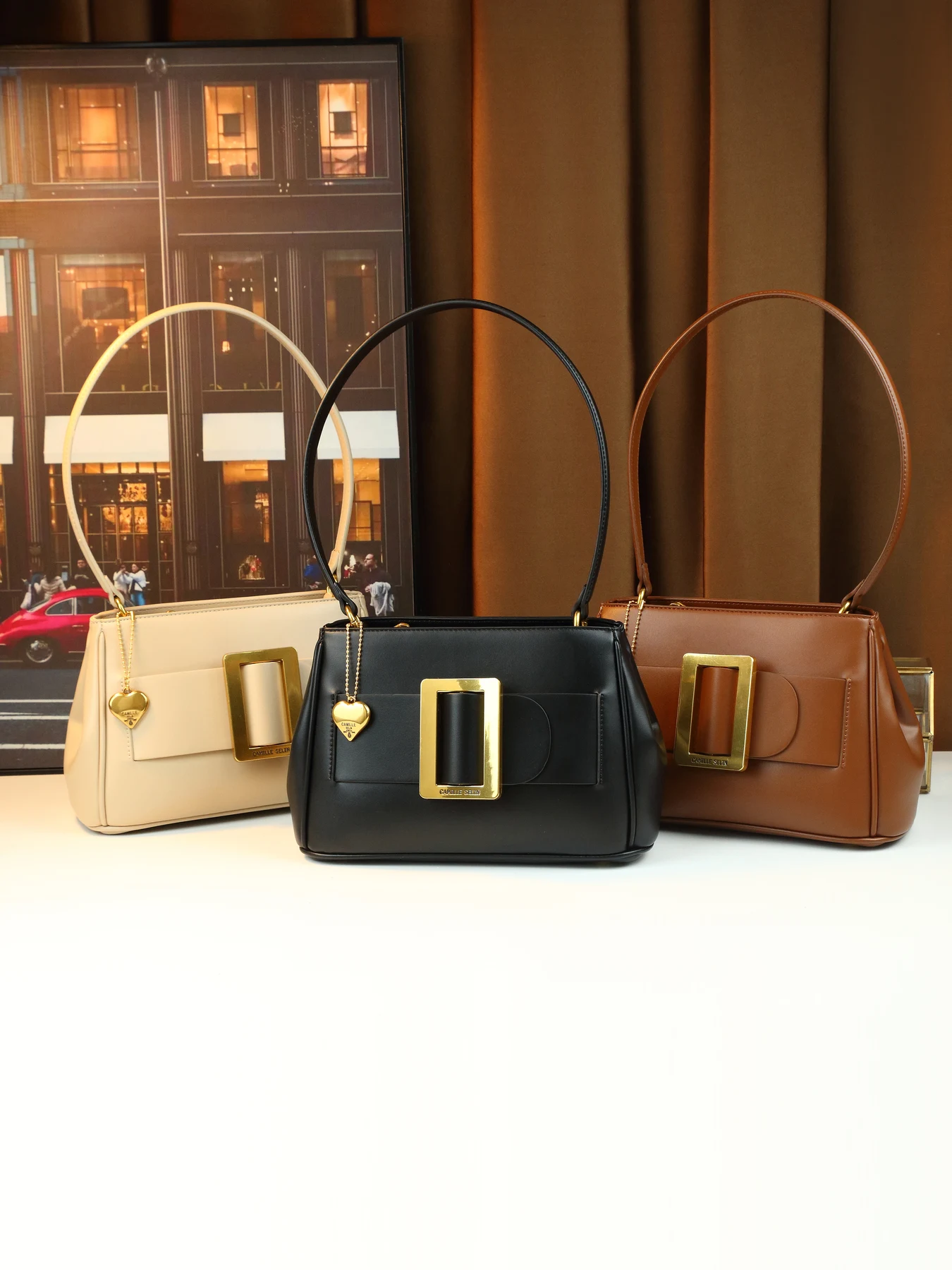 

Винтажная маленькая сумка-ведро через плечо с металлической квадратной пряжкой и изысканным кулоном в виде сердца