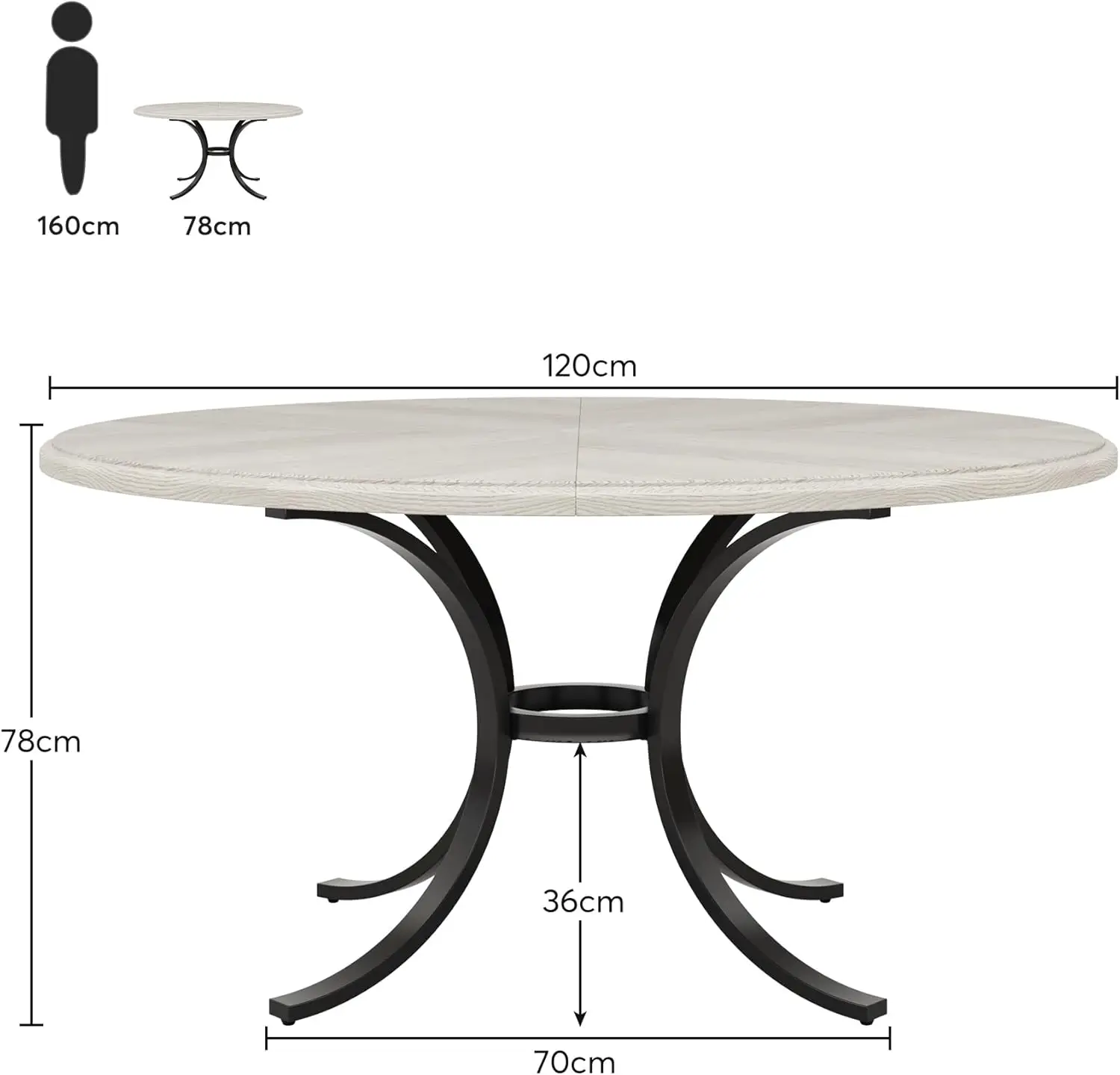 Moderne 47 inch ronde eettafel voor 4 personen, metalen framebasis, rustieke keukentafel, eettafel voor eetkamer, woonkamer